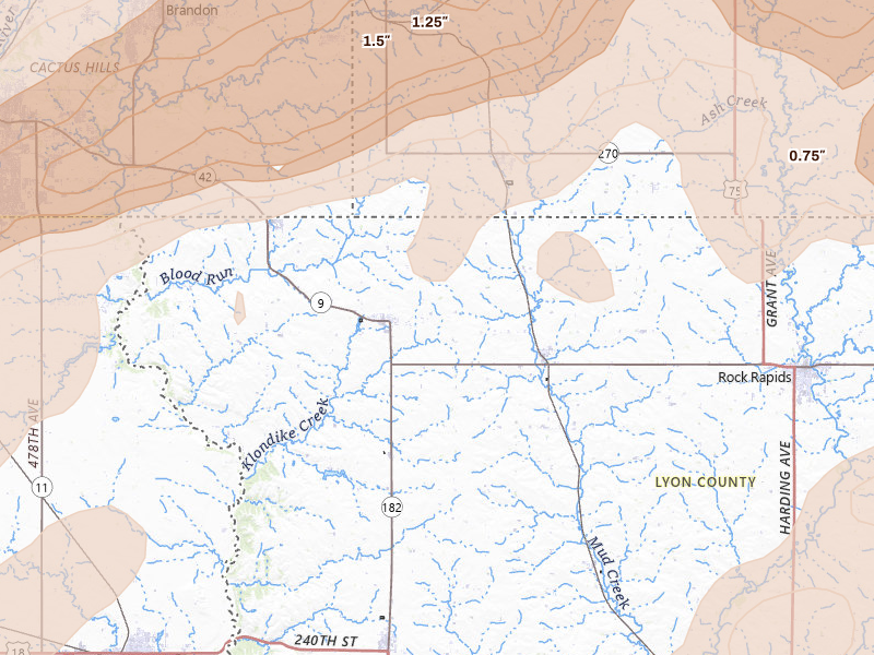 Radar-estimated hail-size map of the storm over Larchwood, IA on May 17, 2026
