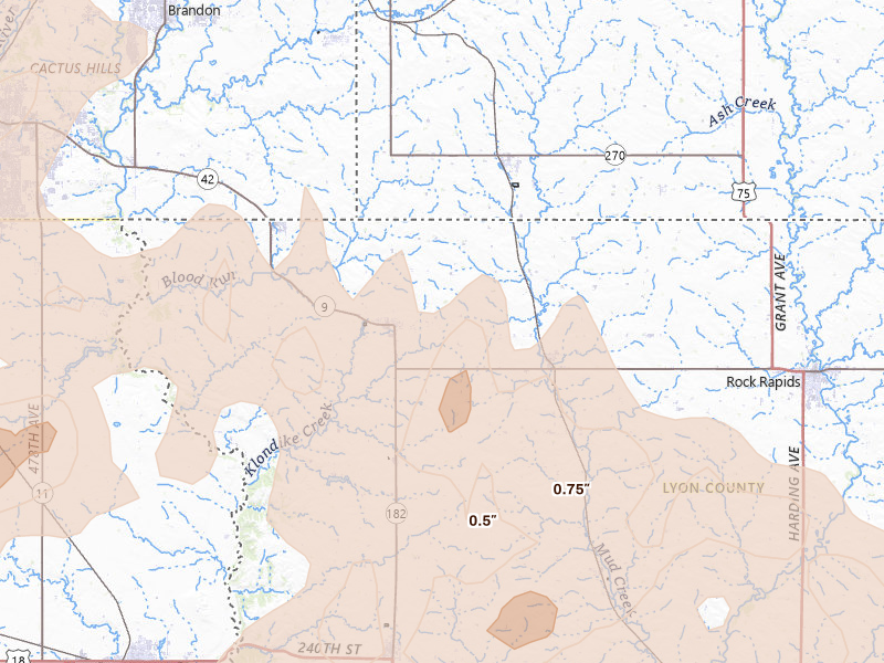 Radar-estimated hail-size map of the storm over Larchwood, IA on May 24, 2026