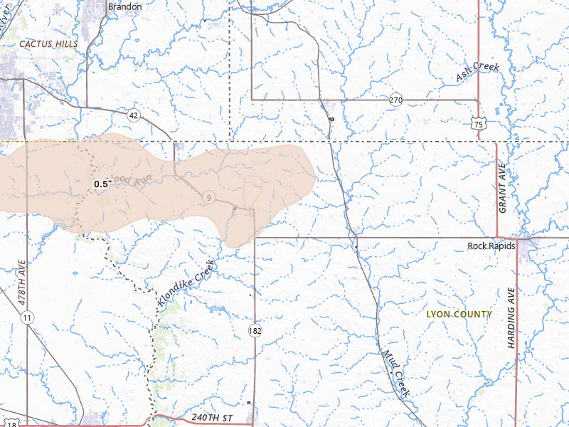 Radar-estimated hail-size map of the storm over Larchwood, IA on May 31, 2026