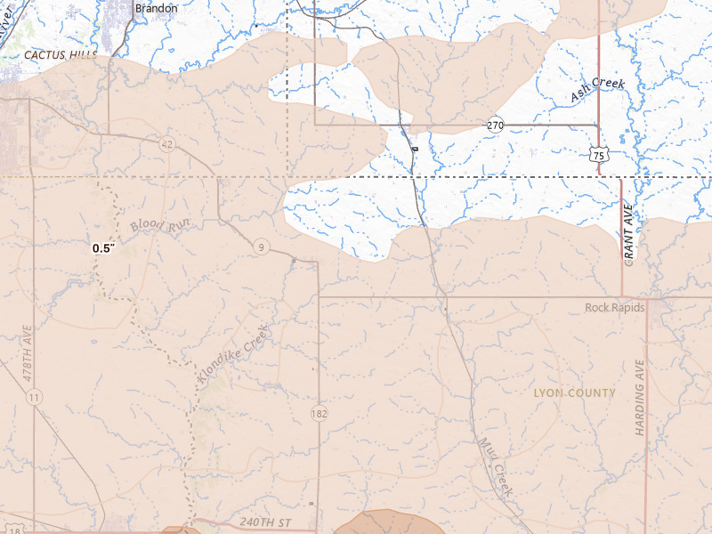 Radar-estimated hail-size map of the storm over Larchwood, IA on Jun 27, 2026