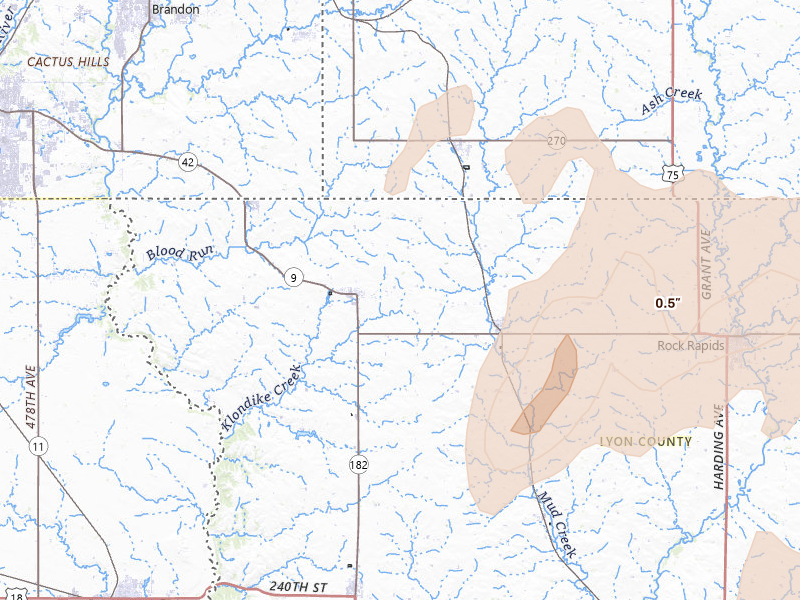 Radar-estimated hail-size map of the storm over Larchwood, IA on Jun 29, 2026