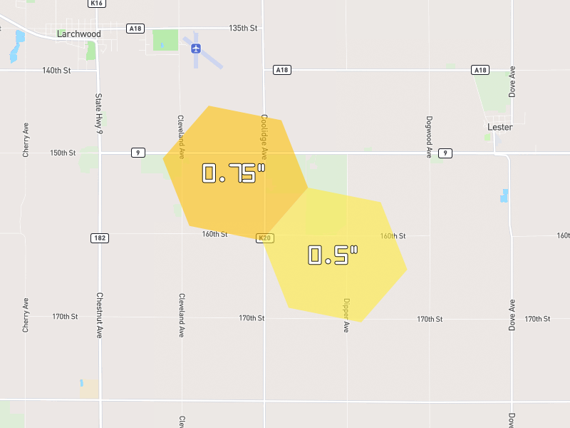 Hail map of Larchwood, IA on Jun 30, 2026, hail up to 0.75"