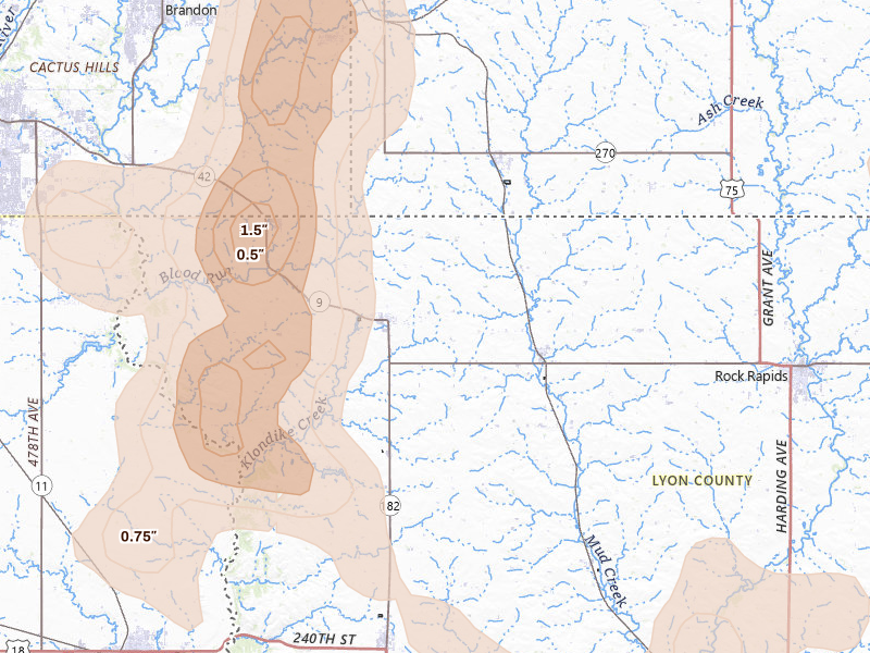 Radar-estimated hail-size map of the storm over Larchwood, IA on Jul 4, 2026