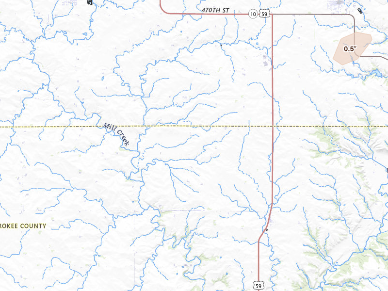Radar-estimated hail-size map of the storm over Larrabee, IA on Mar 6, 2026