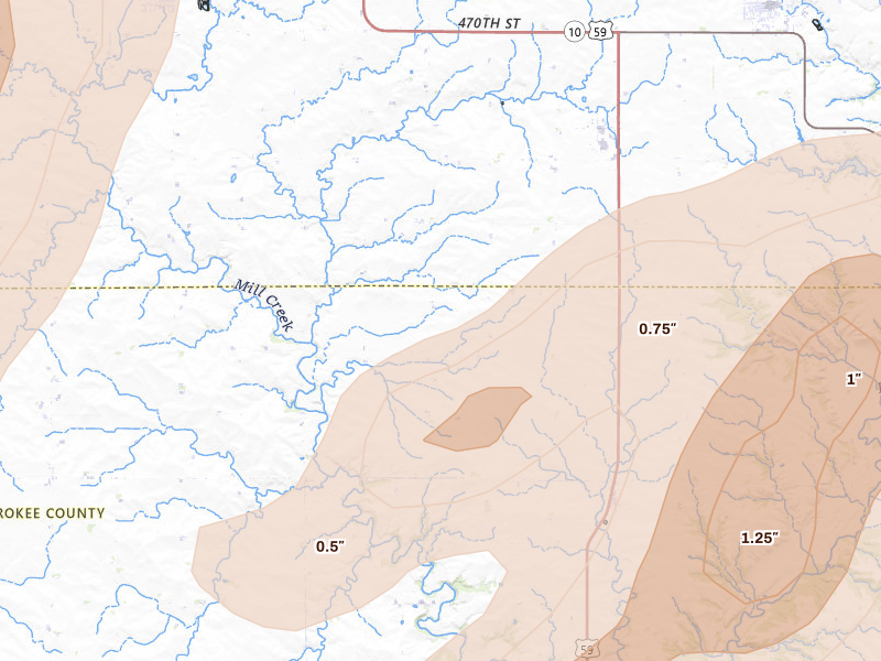 Radar-estimated hail-size map of the storm over Larrabee, IA on Apr 13, 2026