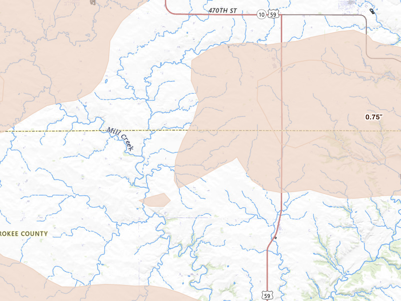 Radar-estimated hail-size map of the storm over Larrabee, IA on May 15, 2026