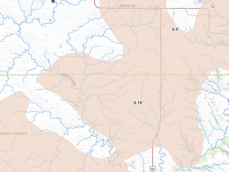 Radar-estimated hail-size map of the storm over Larrabee, IA on May 17, 2026
