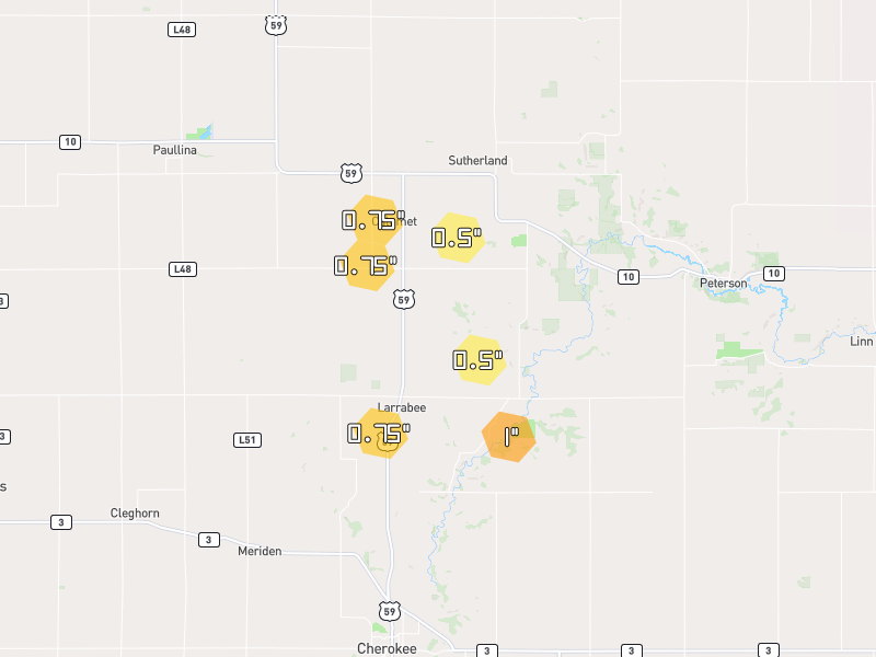 Hail map of Larrabee, IA on Jul 3, 2026, hail up to 1"