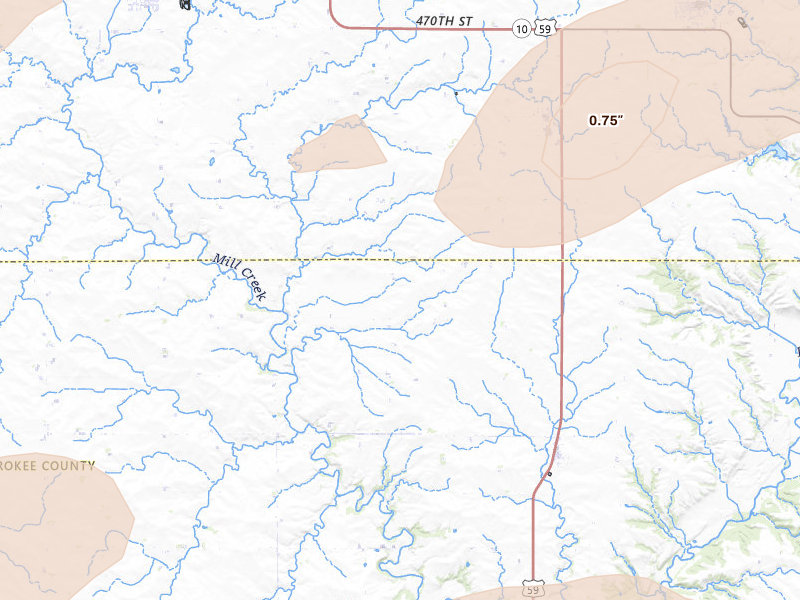 Radar-estimated hail-size map of the storm over Larrabee, IA on Sep 1, 2026
