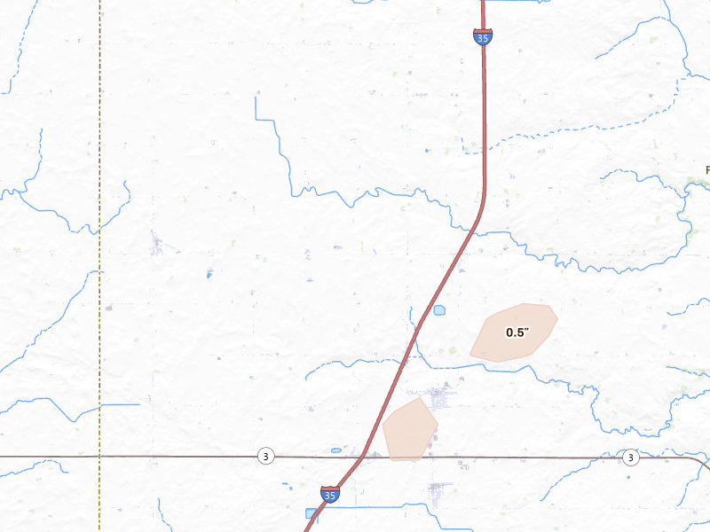 Radar-estimated hail-size map of the storm over Latimer, IA on Jul 1, 2026