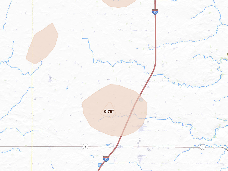 Radar-estimated hail-size map of the storm over Latimer, IA on Jul 2, 2026