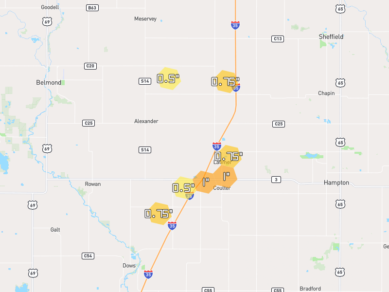 Hail map of Latimer, IA on Jul 2, 2026, hail up to 1"