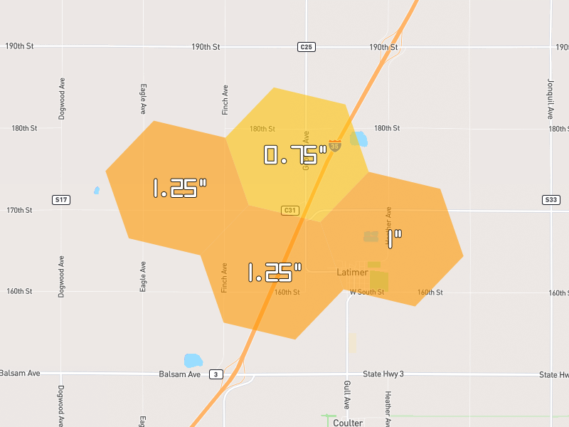 Hail map of Latimer, IA on Jul 3, 2026, hail up to 1.25"