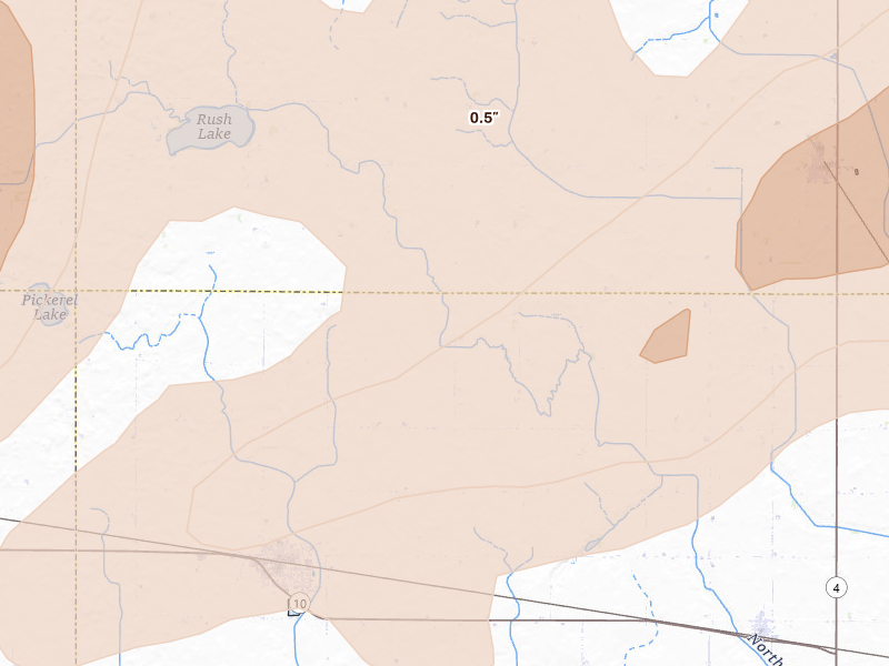 Radar-estimated hail-size map of the storm over Laurens, IA on Jun 28, 2026