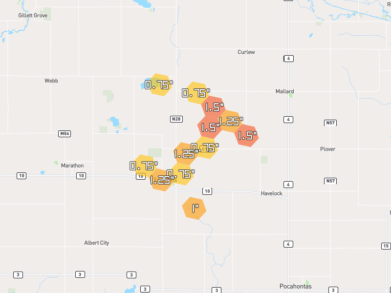 Hail map of Laurens, IA on Jun 28, 2026, hail up to 1.5"