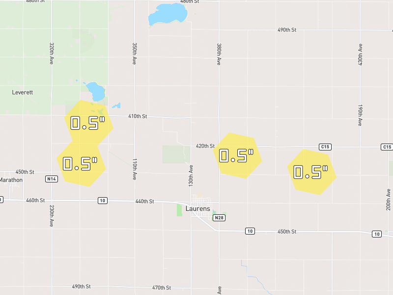 Hail map of Laurens, IA on Jul 3, 2026, hail up to 0.5"