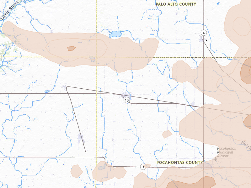Radar-estimated hail-size map of the storm over Laurens, IA on Aug 8, 2026