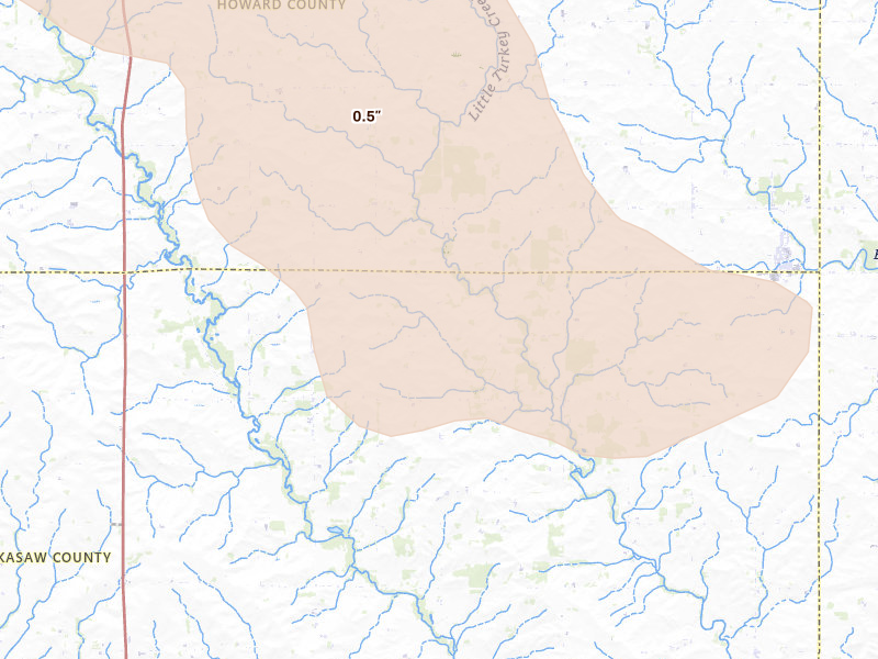Radar-estimated hail-size map of the storm over Lawler, IA on Jul 8, 2026