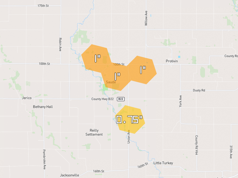 Hail map of Lawler, IA on Jul 8, 2026, hail up to 1"