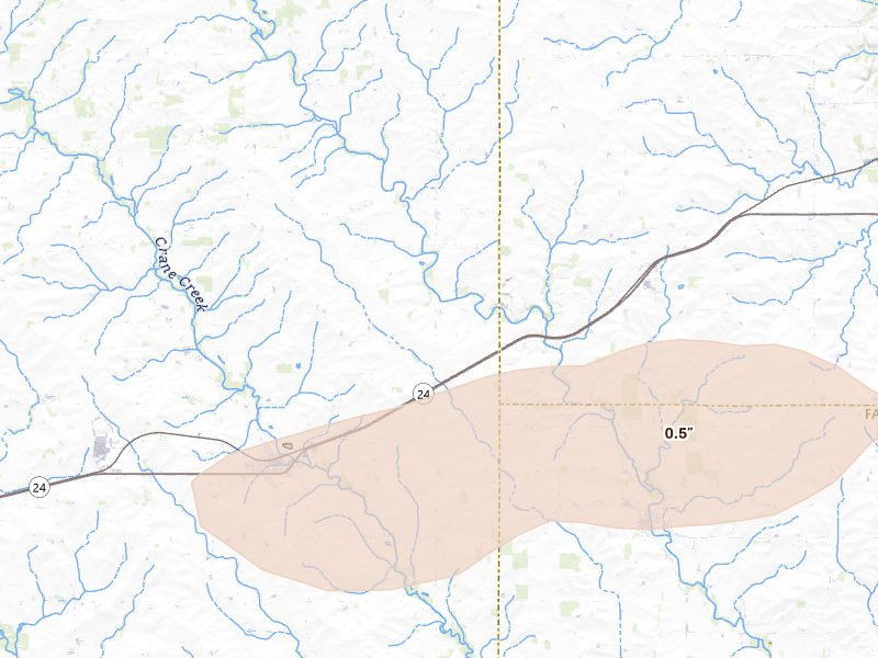 Radar-estimated hail-size map of the storm over Lawler, IA on Aug 11, 2026