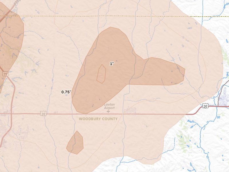 Radar-estimated hail-size map of the storm over Lawton, IA on May 17, 2026