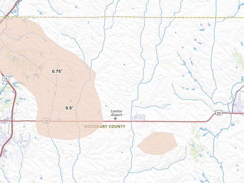 Radar-estimated hail-size map of the storm over Lawton, IA on May 25, 2026