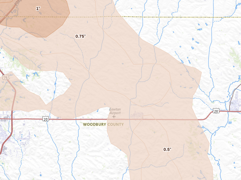 Radar-estimated hail-size map of the storm over Lawton, IA on May 31, 2026