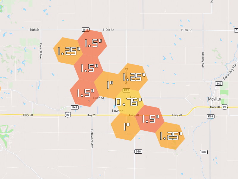 Hail map of Lawton, IA on Jun 1, 2026, hail up to 1.5"