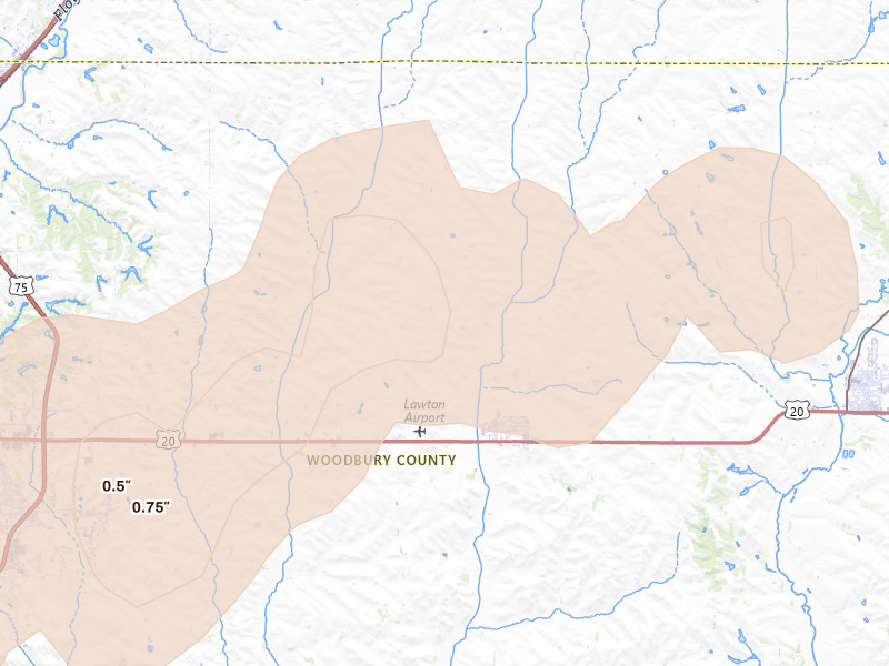 Radar-estimated hail-size map of the storm over Lawton, IA on Jun 29, 2026