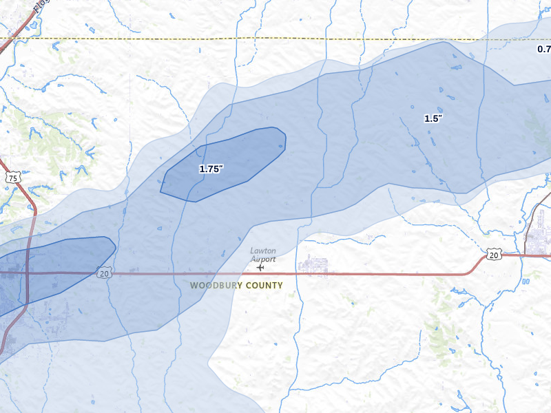 NEXRAD radar-signature map of the hail storm over Lawton, IA on Jun 29, 2026