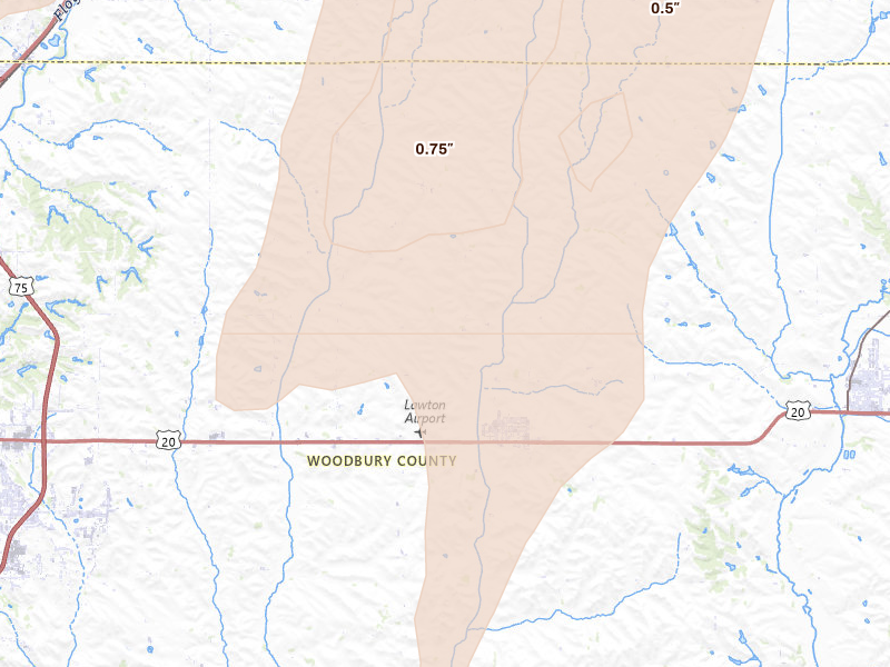 Radar-estimated hail-size map of the storm over Lawton, IA on Jun 30, 2026