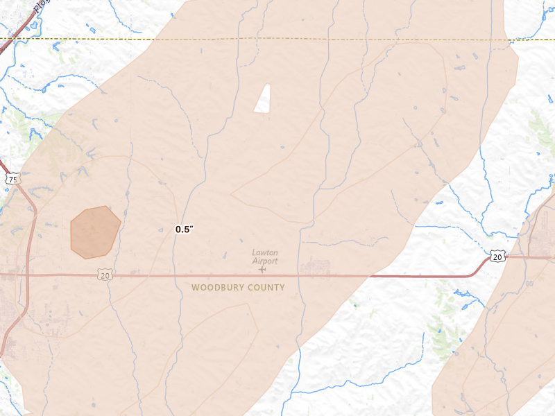 Radar-estimated hail-size map of the storm over Lawton, IA on Jul 1, 2026