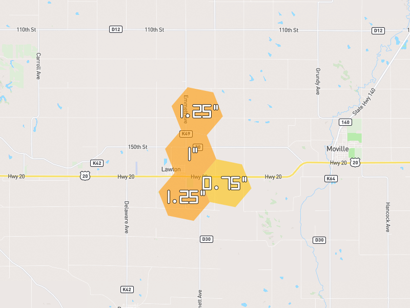 Hail map of Lawton, IA on Jul 1, 2026, hail up to 1.25"