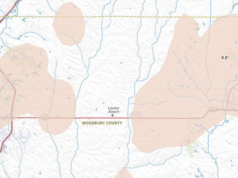 Radar-estimated hail-size map of the storm over Lawton, IA on Jul 2, 2026
