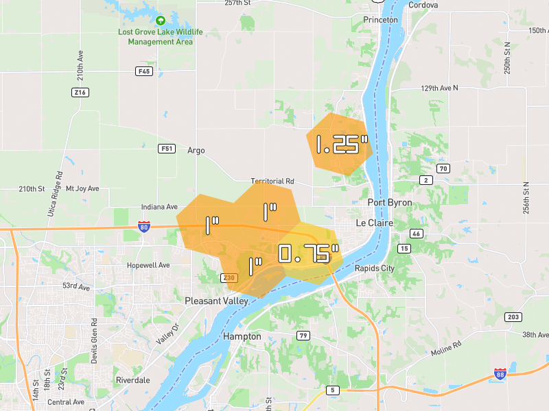 Hail map of Le Claire, IA on Jul 4, 2026, hail up to 1.25"