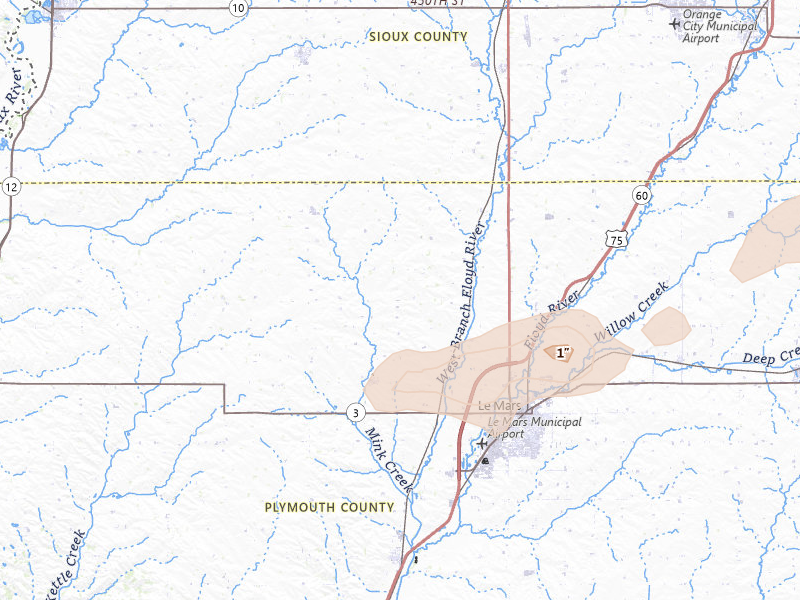 Radar-estimated hail-size map of the storm over Le Mars, IA on May 15, 2026