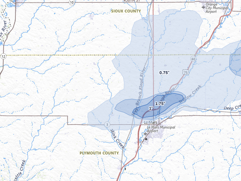 NEXRAD radar-signature map of the hail storm over Le Mars, IA on May 15, 2026