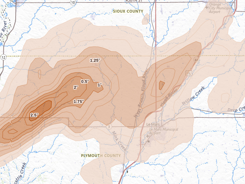 Radar-estimated hail-size map of the storm over Le Mars, IA on May 17, 2026