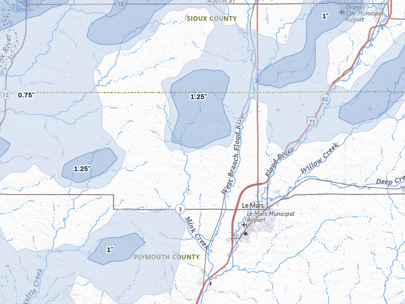 NEXRAD radar-signature map of the hail storm over Le Mars, IA on Jun 29, 2026