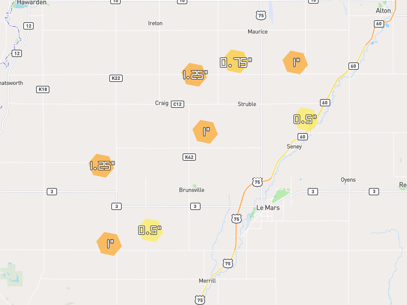 Hail map of Le Mars, IA on Jun 30, 2026, hail up to 1.25"