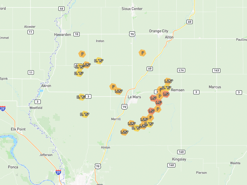 Hail map of Le Mars, IA on Jul 1, 2026, hail up to 1.5"