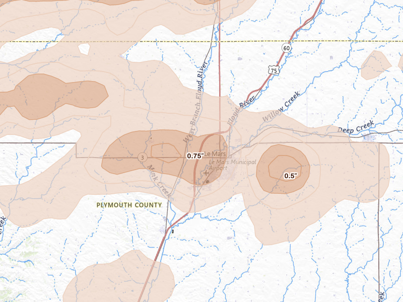 Radar-estimated hail-size map of the storm over Le Mars, IA on Sep 1, 2026