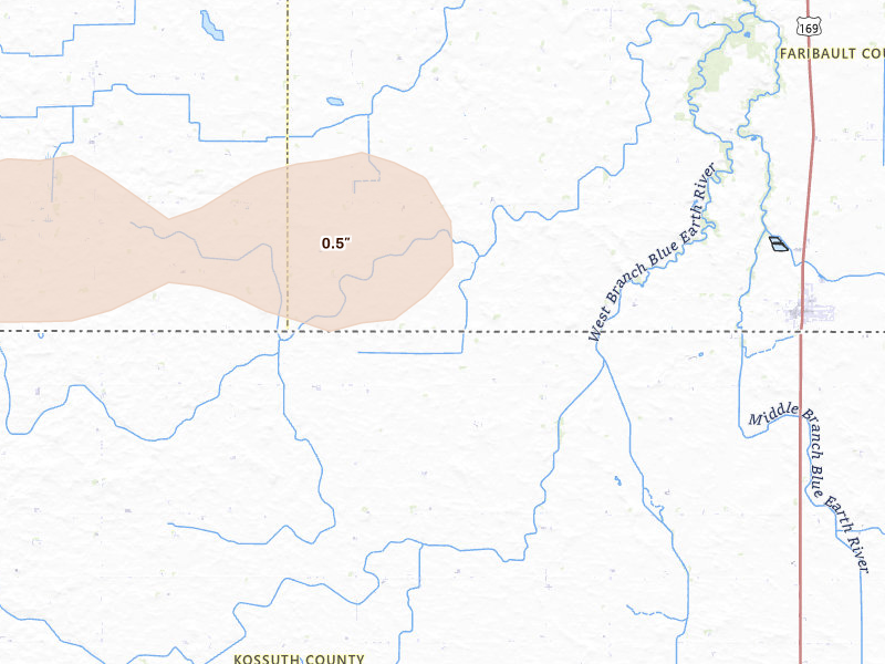 Radar-estimated hail-size map of the storm over Ledyard, IA on May 15, 2026