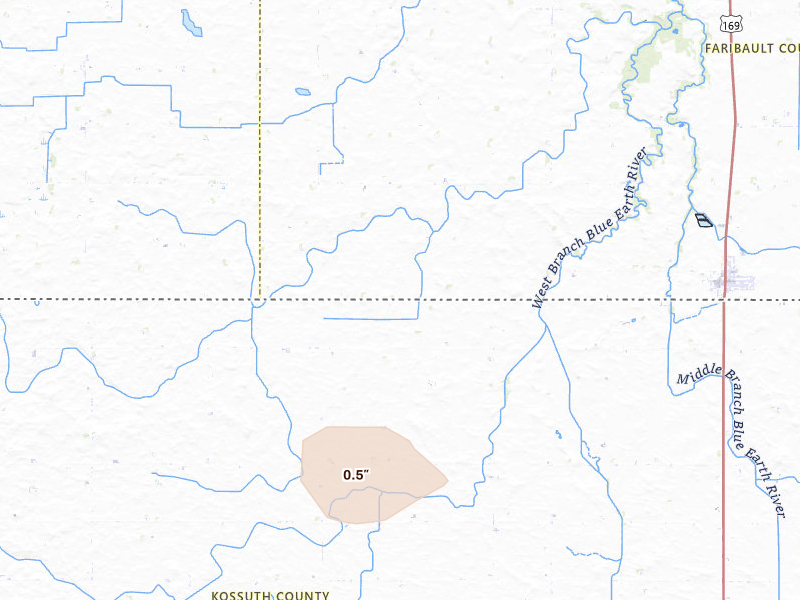 Radar-estimated hail-size map of the storm over Ledyard, IA on May 26, 2026