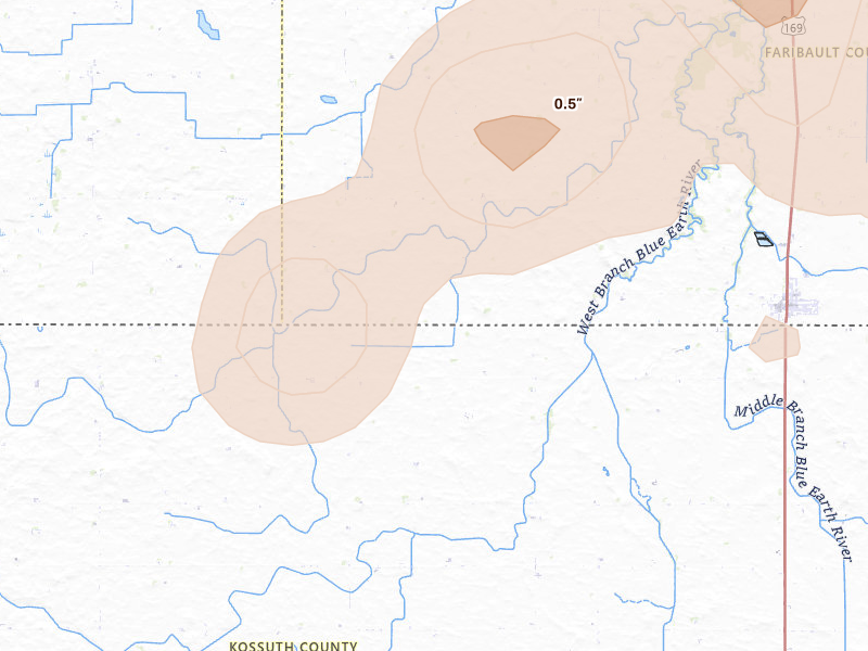 Radar-estimated hail-size map of the storm over Ledyard, IA on Jun 29, 2026