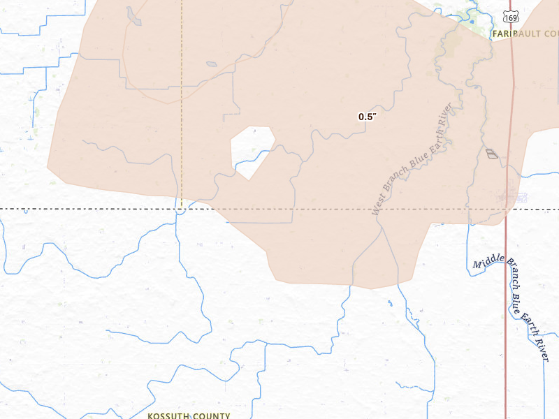Radar-estimated hail-size map of the storm over Ledyard, IA on Jun 30, 2026
