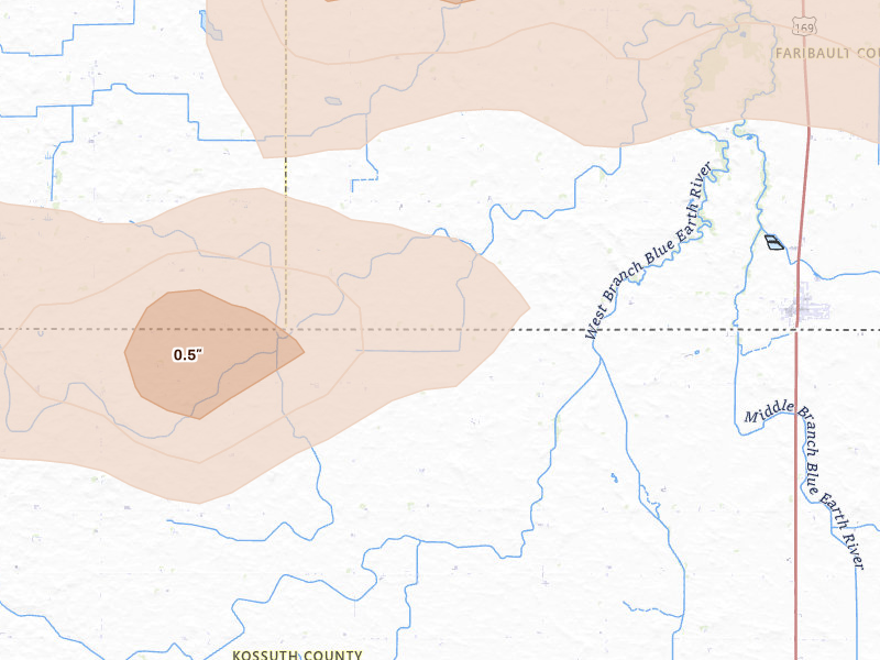 Radar-estimated hail-size map of the storm over Ledyard, IA on Aug 7, 2026