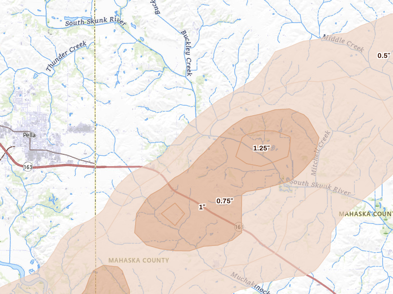 Radar-estimated hail-size map of the storm over Leighton, IA on Apr 17, 2026
