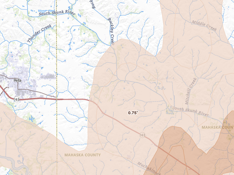 Radar-estimated hail-size map of the storm over Leighton, IA on Jun 11, 2026
