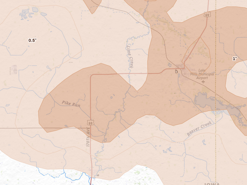 Radar-estimated hail-size map of the storm over Leland, IA on Aug 7, 2026